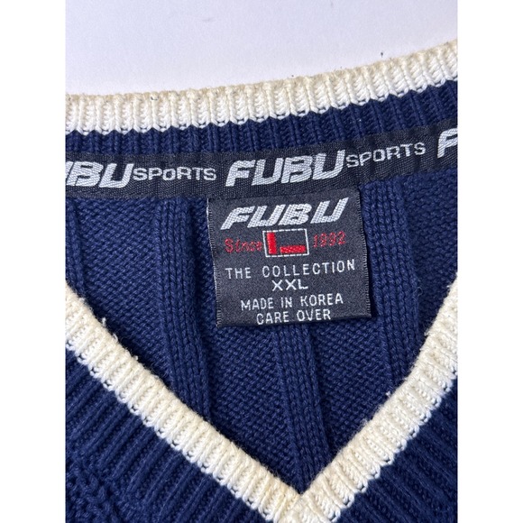 Vintage Y2K FUBU Navy Blue Cable Knit V-Neck Sweater Vest XXL 90s Streetwear - Picture 8 of 10